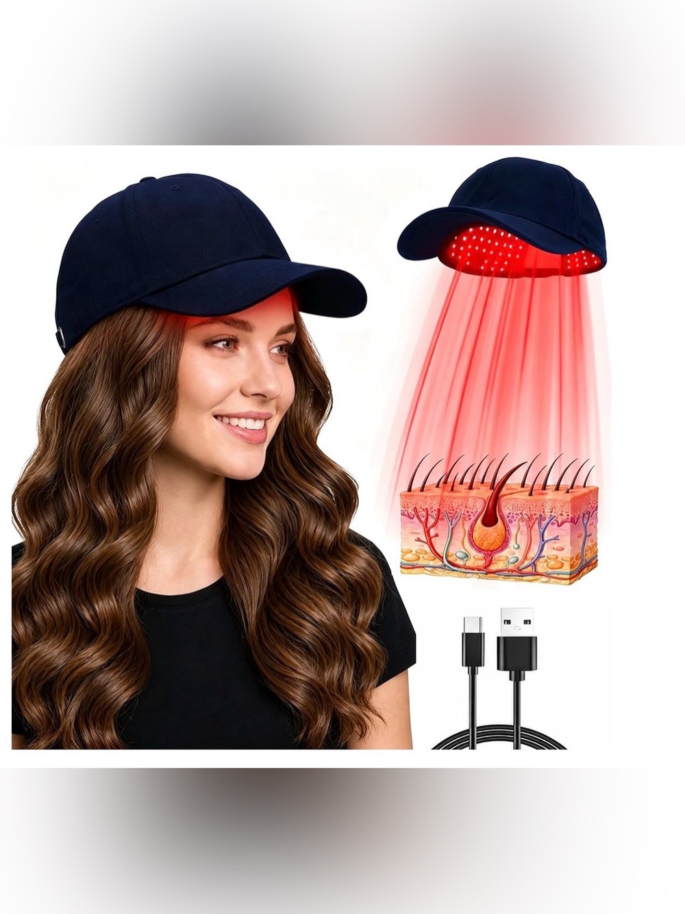 Red Light Therapy Hair Growth Cap – 650nm LLLT, Rechargeable,Blue Hair Growth